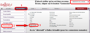Précision pour les accès hors campus. Sur la page d'accueil de Dalloz en haut à droite, la mention "Université de La Réunion" indique que l'on est bien reconnu comme abonné. Si ce n'est pas le cas, cliquer sur le bouton "Connexion". Pour accéder aux actualités Dalloz, cliquer dans le menu sur "Documentation", puis "Revues Dalloz", puis sur "Dalloz actualité". 